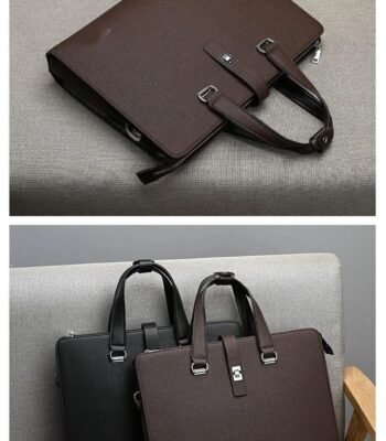 A luxurious leather laptop briefcase in brown and black, showcasing double handles and a detachable strap, perfect for professionals seeking style and functionality.