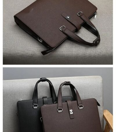 A luxurious leather laptop briefcase in brown and black, showcasing double handles and a detachable strap, perfect for professionals seeking style and functionality.