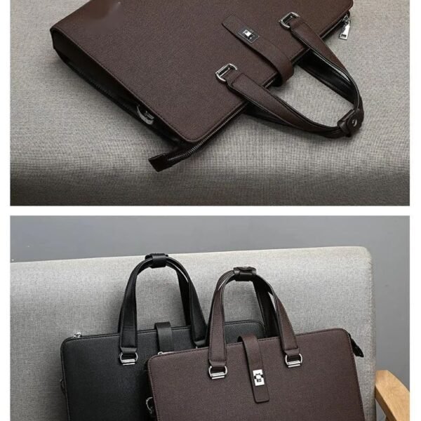 A luxurious leather laptop briefcase in brown and black, showcasing double handles and a detachable strap, perfect for professionals seeking style and functionality.