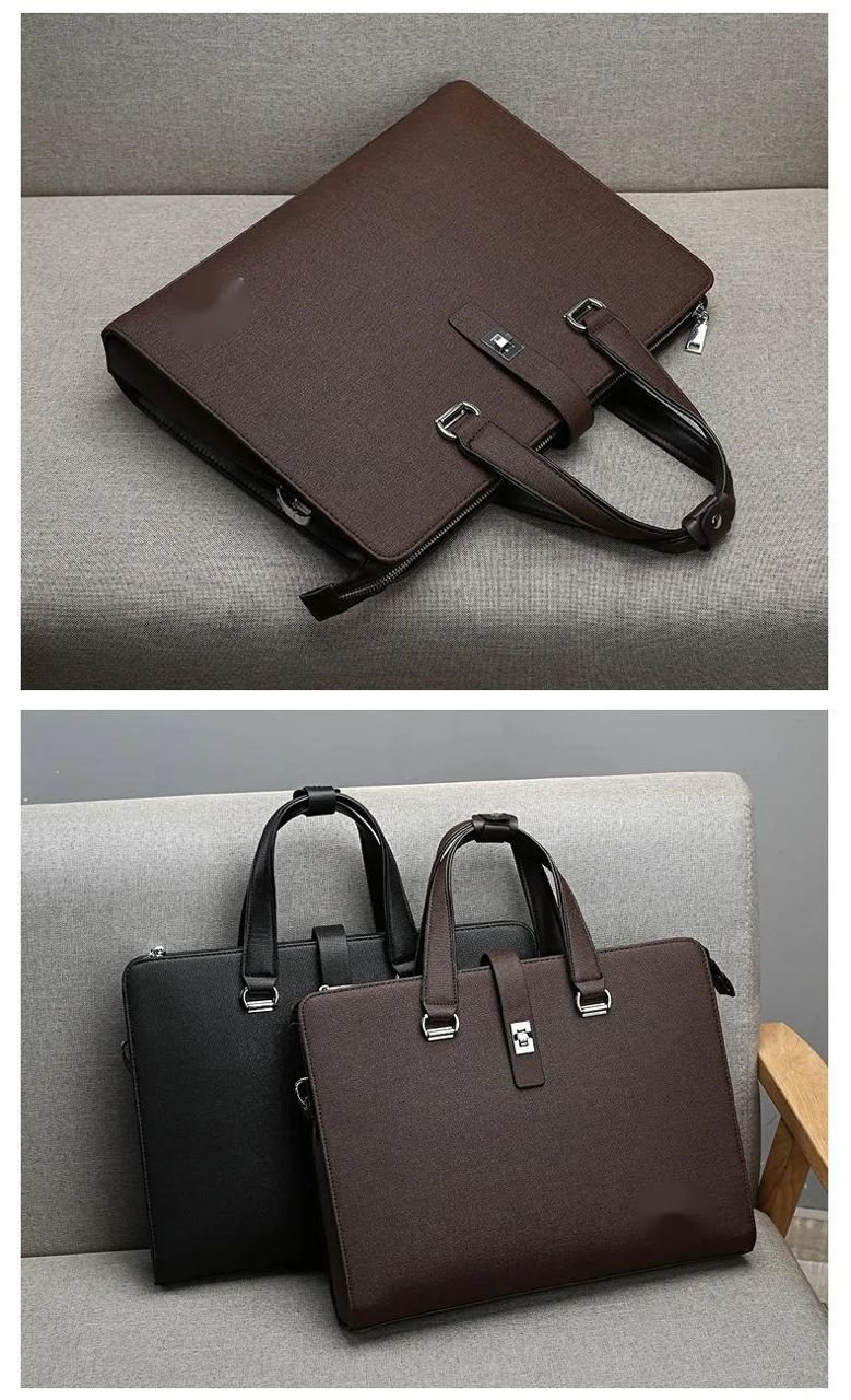 IMG-20260425-WA0085 A luxurious leather laptop briefcase in brown and black, showcasing double handles and a detachable strap, perfect for professionals seeking style and functionality.