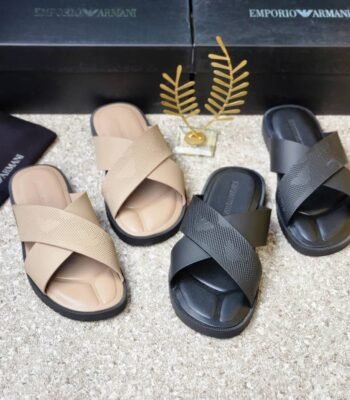 Luxury Emporio Armani slides in beige and black, showcasing Modern Luxury and Urban Edge design.