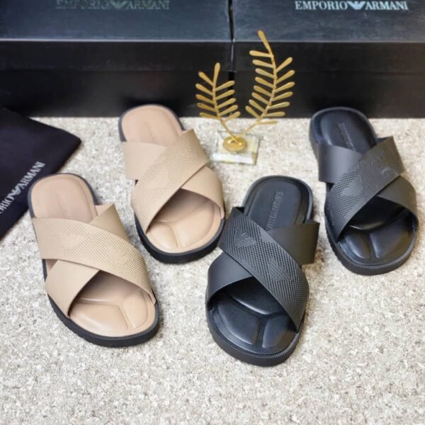 Luxury Emporio Armani slides in beige and black, showcasing Modern Luxury and Urban Edge design.