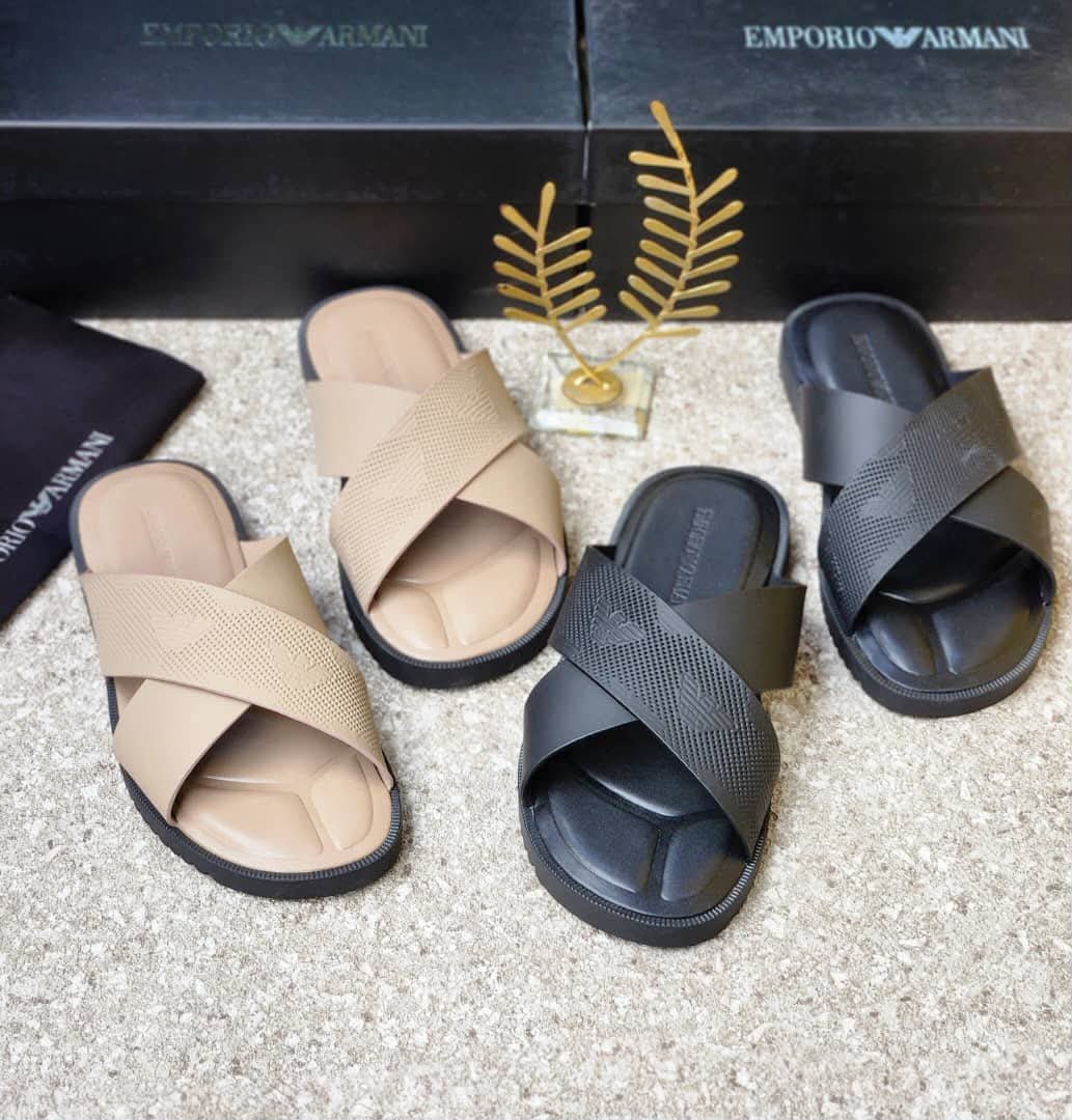 root Luxury Emporio Armani slides in beige and black, showcasing Modern Luxury and Urban Edge design.