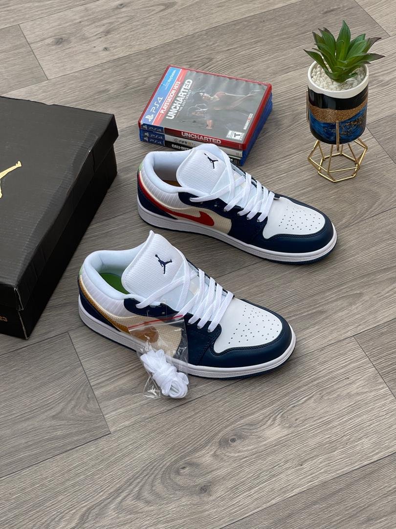 root A pair of white, navy, and gold Air Jordan 1 Mid sneakers on a wooden floor, exuding Modern Luxury and Urban Edge style.