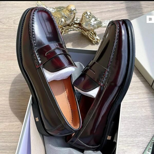 A pair of luxurious burgundy leather loafers in a shoe box, showcasing modern luxury and urban edge with impeccable craftsmanship.