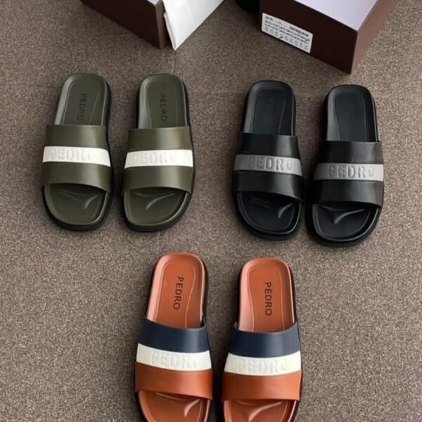 A display of stylish Pedro slides in various colors, showcasing Modern Luxury and Urban Edge design.