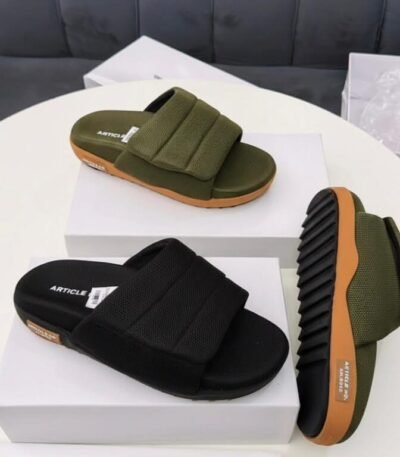 High-quality image of Modern Luxury slide sandals in black and olive green, showcasing the sleek design and comfort features.