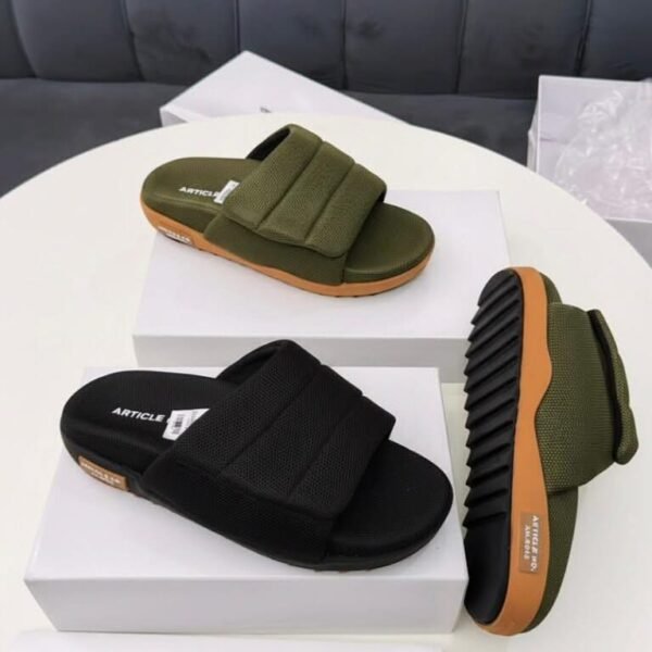 High-quality image of Modern Luxury slide sandals in black and olive green, showcasing the sleek design and comfort features.