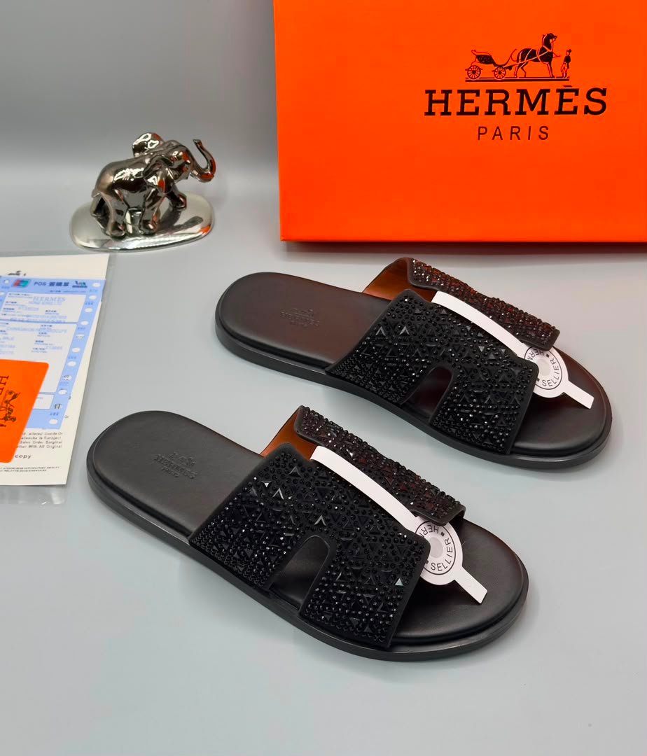 root Exquisite black beaded slides with white accents, presented with Hermes Paris box and luxury accessories.