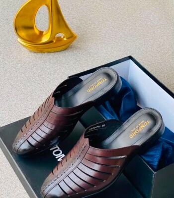 A pair of luxurious brown leather shoes in a box with a golden decorative item