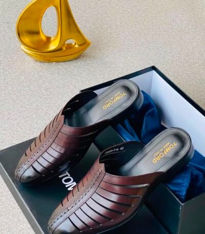 A pair of luxurious brown leather shoes in a box with a golden decorative item