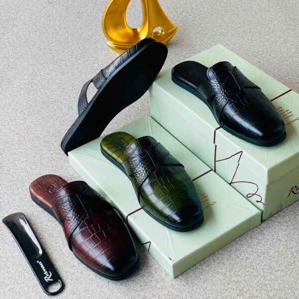 High-quality crocodile skin loafers in black, green and brown, displayed with shoe boxes and a shoe horn.