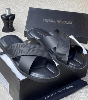 Emporio Armani black slides with box and perfume