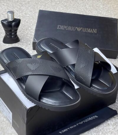 Emporio Armani black slides with box and perfume
