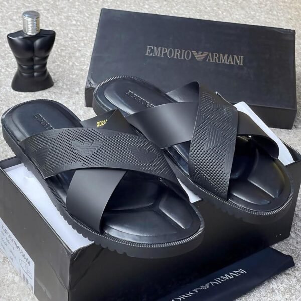 Emporio Armani black slides with box and perfume