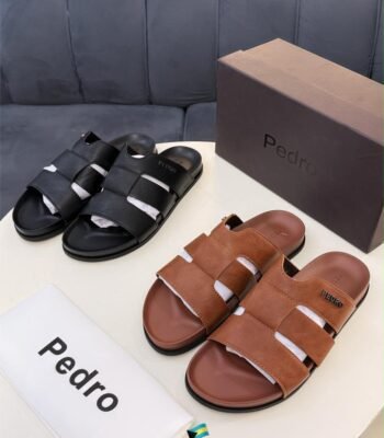 Pedro brand leather sandals in black and brown, with box and dust bag.