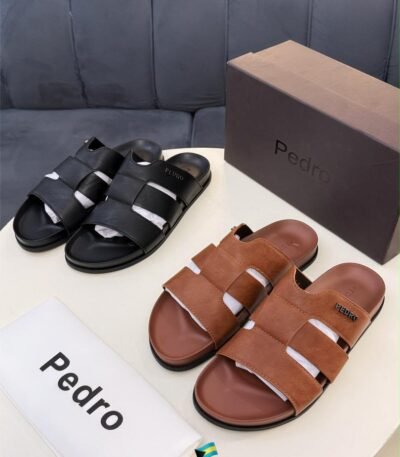 Pedro brand leather sandals in black and brown, with box and dust bag.