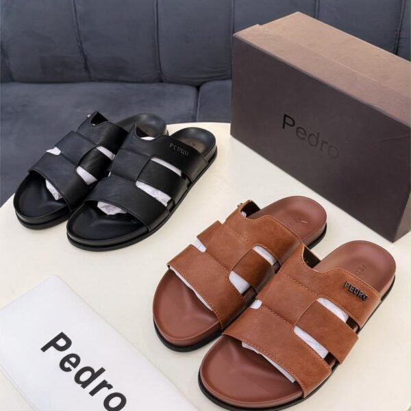 Pedro brand leather sandals in black and brown, with box and dust bag.