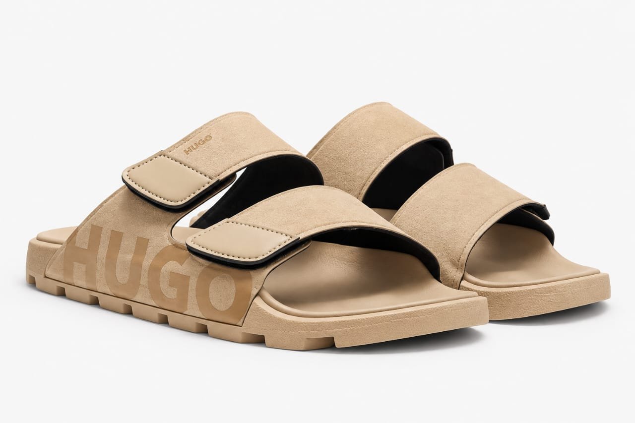 root A pair of tan-colored HUGO slides with two wide straps and a chunky sole, set against a clean white background.