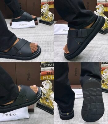 A stylish pair of black sandals with a modern design, showcased from multiple angles, highlighting their sleek features and comfortable fit.
