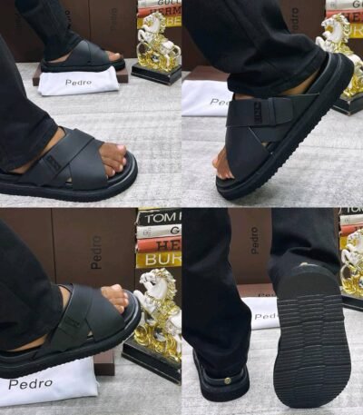 A stylish pair of black sandals with a modern design, showcased from multiple angles, highlighting their sleek features and comfortable fit.