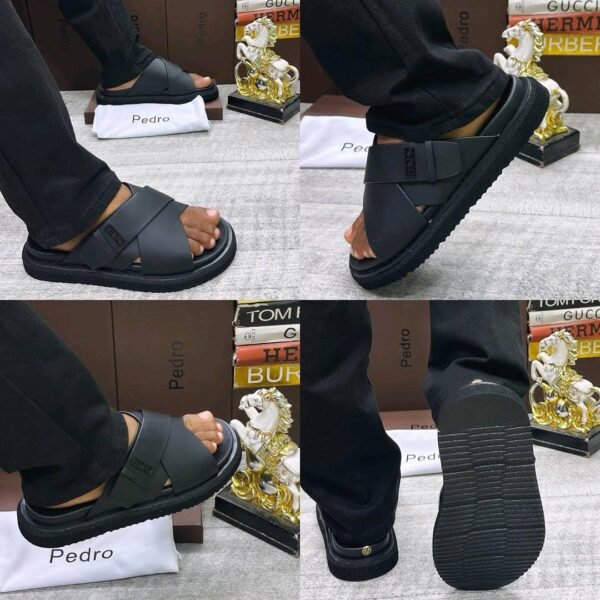 A stylish pair of black sandals with a modern design, showcased from multiple angles, highlighting their sleek features and comfortable fit.