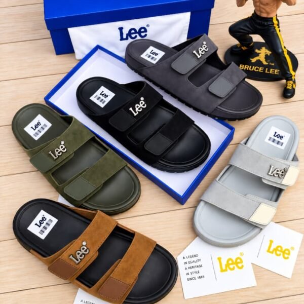 Lee Modern Luxury slides in various colors, presented with a Bruce Lee figurine and packaging, embodying Urban Edge and Timeless Quality.