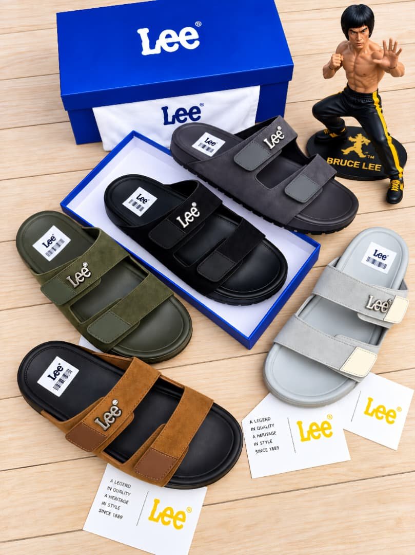root Lee Modern Luxury slides in various colors, presented with a Bruce Lee figurine and packaging, embodying Urban Edge and Timeless Quality.