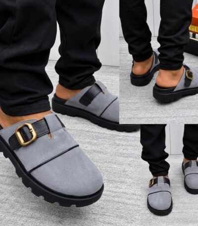 A stylish pair of grey half shoes with a gold buckle, showcased from multiple angles, exuding modern luxury and urban edge.